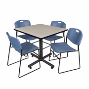 42 IN. SQUARE X-BASE BREAKROOM TABLE- MAPLE, 4 STACK CHAIRS- BLUE <FONT COLOR=GREEN>-FREE SHIPPING-</FONT>