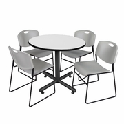 42" ROUND BREAKROOM TABLE- WHITE & 4 STACK CHAIRS- GREY <FONT COLOR=GREEN>-FREE SHIPPING-</FONT>