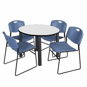 42" ROUND BREAKROOM TABLE- WHITE/ BLACK & 4 STACK CHAIRS- BLUE <FONT COLOR=GREEN>-FREE SHIPPING-</FONT>
