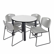 42" ROUND BREAKROOM TABLE- WHITE/ BLACK & 4 STACK CHAIRS- GREY <FONT COLOR=GREEN>-FREE SHIPPING-</FONT>