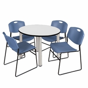 42" ROUND BREAKROOM TABLE- WHITE/ CHROME & 4 STACK CHAIRS- BLUE <FONT COLOR=GREEN>-FREE SHIPPING-</FONT>