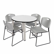 42" ROUND BREAKROOM TABLE- WHITE/ CHROME & 4 STACK CHAIRS- GREY <FONT COLOR=GREEN>-FREE SHIPPING-</FONT>