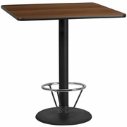 42'' SQUARE WALNUT LAMINATE TABLE TOP WITH 24'' ROUND BAR HEIGHT TABLE BASE AND FOOT RING <font color=green>FREE SHIPPING!</font>