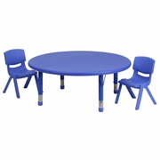 45'' ROUND BLUE PLASTIC HEIGHT ADJUSTABLE ACTIVITY TABLE SET WITH 2 CHAIRS: <font color=green>FREE SHIPPING!</font> 45'' ROUND BLUE PLASTIC HEIGHT ADJUSTABLE ACTIVITY TABLE SET WITH 2 CHAIRS: <font color=green>FREE SHIPPING!</font>
