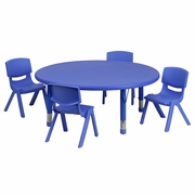 45'' ROUND BLUE PLASTIC HEIGHT ADJUSTABLE ACTIVITY TABLE SET WITH 4 CHAIRS: <font color=green>FREE SHIPPING!</font> 45'' ROUND BLUE PLASTIC HEIGHT ADJUSTABLE ACTIVITY TABLE SET WITH 4 CHAIRS: <font color=green>FREE SHIPPING!</font>