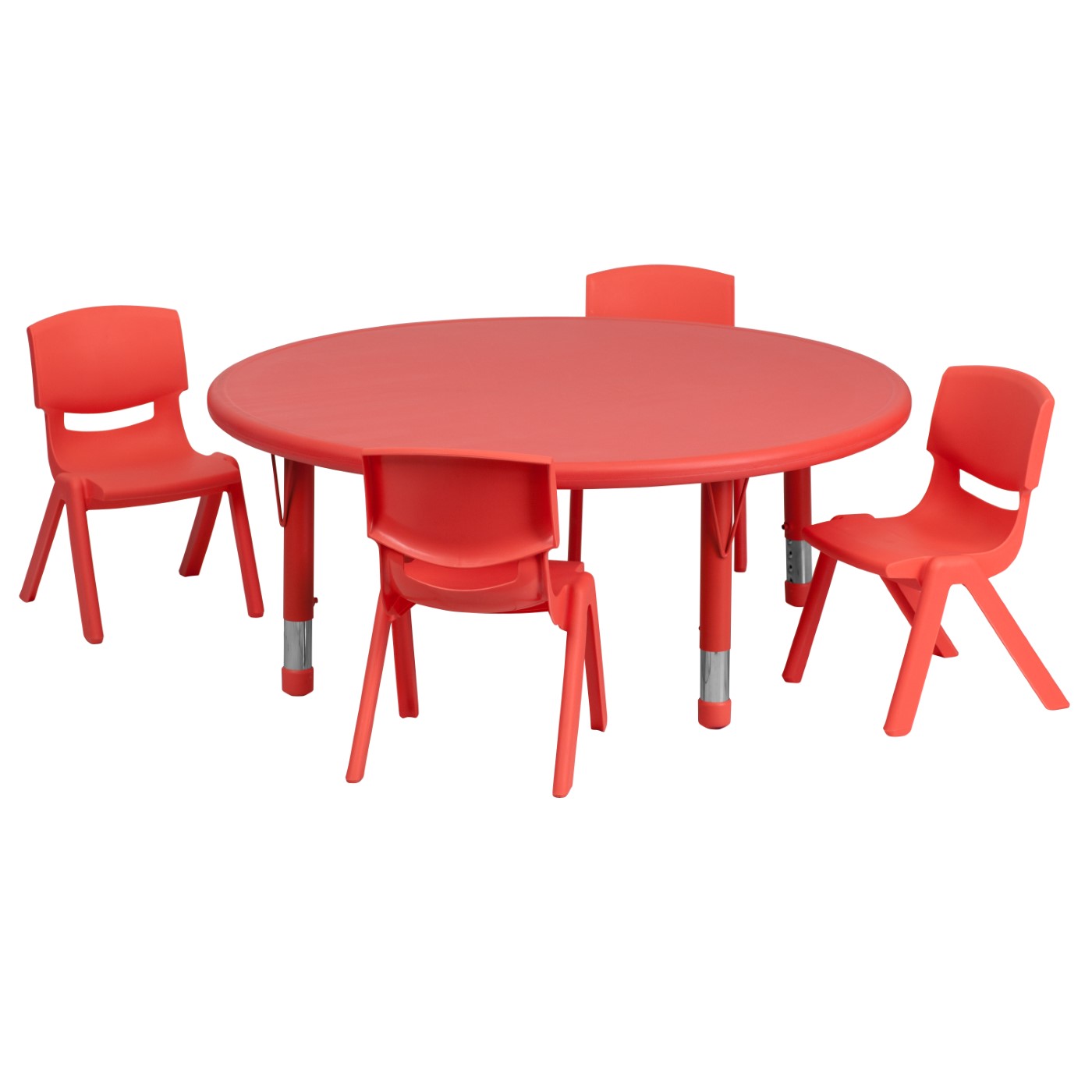 45'' ROUND RED PLASTIC HEIGHT ADJUSTABLE ACTIVITY TABLE SET WITH 4 CHAIRS: <font color=green>FREE SHIPPING!</font> 45'' ROUND RED PLASTIC HEIGHT ADJUSTABLE ACTIVITY TABLE SET WITH 4 CHAIRS: <font color=green>FREE SHIPPING!</font>