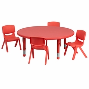 45'' ROUND RED PLASTIC HEIGHT ADJUSTABLE ACTIVITY TABLE SET WITH 4 CHAIRS: <font color=green>FREE SHIPPING!</font> 45'' ROUND RED PLASTIC HEIGHT ADJUSTABLE ACTIVITY TABLE SET WITH 4 CHAIRS: <font color=green>FREE SHIPPING!</font>