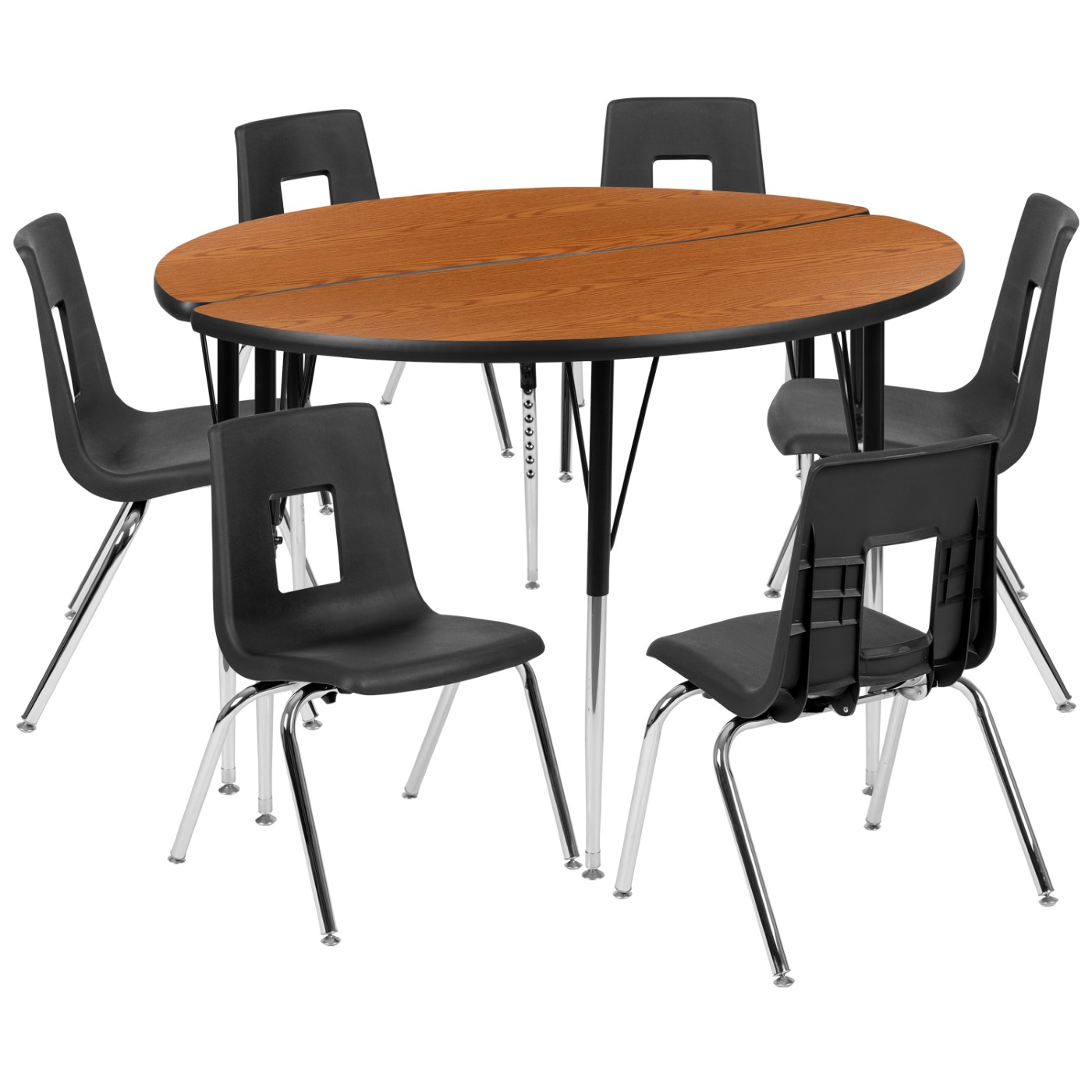 47.5" CIRCLE WAVE FLEXIBLE LAMINATE ACTIVITY TABLE SET WITH 18" STUDENT STACK CHAIRS, OAK/BLACK <font color=green>FREE SHIPPING!</font> 47.5" CIRCLE WAVE FLEXIBLE LAMINATE ACTIVITY TABLE SET WITH 18" STUDENT STACK CHAIRS, OAK/BLACK <font color=green>FREE SHIPPING!</font>
