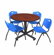 48 IN. ROUND BREAKROOM TABLE- CHERRY, 4 M STACK CHAIRS- BLUE <FONT COLOR=GREEN>-FREE SHIPPING-</FONT>