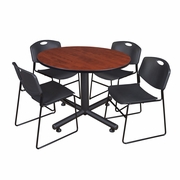 48 IN. ROUND BREAKROOM TABLE- CHERRY, 4 STACK CHAIRS- BLACK <FONT COLOR=GREEN>-FREE SHIPPING-</FONT>