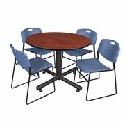 48 IN. ROUND BREAKROOM TABLE- CHERRY, 4 STACK CHAIRS- BLUE <FONT COLOR=GREEN>-FREE SHIPPING-</FONT>