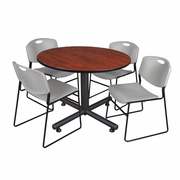 48 IN. ROUND BREAKROOM TABLE- CHERRY, 4 STACK CHAIRS- GREY <FONT COLOR=GREEN>-FREE SHIPPING-</FONT>
