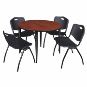 48 IN. ROUND BREAKROOM TABLE- CHERRY TOP, BLACK BASE & 4 M STACK CHAIRS- BLACK <FONT COLOR=GREEN>-FREE SHIPPING-</FONT>