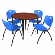 48 IN. ROUND BREAKROOM TABLE- CHERRY TOP, BLACK BASE & 4 M STACK CHAIRS- BLUE <FONT COLOR=GREEN>-FREE SHIPPING-</FONT>