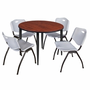 48 IN. ROUND BREAKROOM TABLE- CHERRY TOP, BLACK BASE & 4 M STACK CHAIRS- GREY <FONT COLOR=GREEN>-FREE SHIPPING-</FONT>