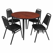48 IN. ROUND BREAKROOM TABLE- CHERRY TOP, BLACK BASE & 4 RESTAURANT STACK CHAIRS- BLACK <FONT COLOR=GREEN>-FREE SHIPPING-</FONT>