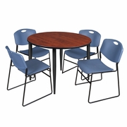 48 IN. ROUND BREAKROOM TABLE- CHERRY TOP, BLACK BASE & 4 STACK CHAIRS- BLUE <FONT COLOR=GREEN>-FREE SHIPPING-</FONT>