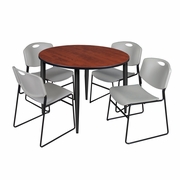 48 IN. ROUND BREAKROOM TABLE- CHERRY TOP, BLACK BASE & 4 STACK CHAIRS- GREY <FONT COLOR=GREEN>-FREE SHIPPING-</FONT>