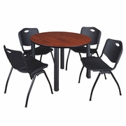 48 IN ROUND BREAKROOM TABLE- CHERRY TOP, BLACK LEGS, 4 M STACK CHAIRS- BLACK <FONT COLOR=GREEN>-FREE SHIPPING-</FONT>