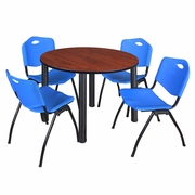 48 IN ROUND BREAKROOM TABLE- CHERRY TOP, BLACK LEGS, 4 M STACK CHAIRS- BLUE <FONT COLOR=GREEN>-FREE SHIPPING-</FONT>