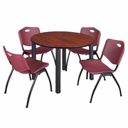 48 IN ROUND BREAKROOM TABLE- CHERRY TOP, BLACK LEGS, 4 M STACK CHAIRS- BURGUNDY <FONT COLOR=GREEN>-FREE SHIPPING-</FONT>