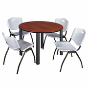 48 IN ROUND BREAKROOM TABLE- CHERRY TOP, BLACK LEGS, 4 M STACK CHAIRS- GREY <FONT COLOR=GREEN>-FREE SHIPPING-</FONT>