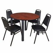 48 IN ROUND BREAKROOM TABLE- CHERRY TOP, BLACK LEGS, 4 RESTAURANT STACK CHAIRS <FONT COLOR=GREEN>-FREE SHIPPING-</FONT>