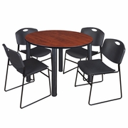48 IN ROUND BREAKROOM TABLE- CHERRY TOP, BLACK LEGS, 4 STACK CHAIRS- BLACK <FONT COLOR=GREEN>-FREE SHIPPING-</FONT>