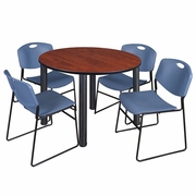 48 IN ROUND BREAKROOM TABLE- CHERRY TOP, BLACK LEGS, 4 STACK CHAIRS- BLUE <FONT COLOR=GREEN>-FREE SHIPPING-</FONT>