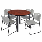 48 IN ROUND BREAKROOM TABLE- CHERRY TOP, BLACK LEGS, 4 STACK CHAIRS- GREY <FONT COLOR=GREEN>-FREE SHIPPING-</FONT>