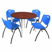 48 IN. ROUND BREAKROOM TABLE- CHERRY TOP, CHROME BASE & 4 M STACK CHAIRS- BLUE <FONT COLOR=GREEN>-FREE SHIPPING-</FONT>