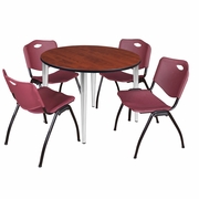 48 IN. ROUND BREAKROOM TABLE- CHERRY TOP, CHROME BASE & 4 M STACK CHAIRS- BURGUNDY <FONT COLOR=GREEN>-FREE SHIPPING-</FONT>