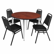 48 IN. ROUND BREAKROOM TABLE- CHERRY TOP, CHROME BASE & 4 RESTAURANT STACK CHAIRS- BLACK <FONT COLOR=GREEN>-FREE SHIPPING-</FONT>