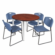 48 IN. ROUND BREAKROOM TABLE- CHERRY TOP, CHROME BASE & 4 STACK CHAIRS- BLUE <FONT COLOR=GREEN>-FREE SHIPPING-</FONT>