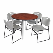 48 IN. ROUND BREAKROOM TABLE- CHERRY TOP, CHROME BASE & 4 STACK CHAIRS- GREY <FONT COLOR=GREEN>-FREE SHIPPING-</FONT>