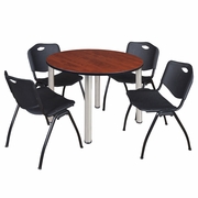 48 IN ROUND BREAKROOM TABLE- CHERRY TOP, CHROME LEGS, 4 M STACK CHAIRS- BLACK <FONT COLOR=GREEN>-FREE SHIPPING-</FONT>