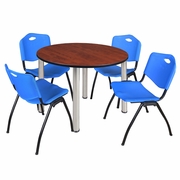 48 IN ROUND BREAKROOM TABLE- CHERRY TOP, CHROME LEGS, 4 M STACK CHAIRS- BLUE <FONT COLOR=GREEN>-FREE SHIPPING-</FONT>