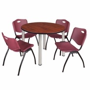 48 IN ROUND BREAKROOM TABLE- CHERRY TOP, CHROME LEGS, 4 M STACK CHAIRS- BURGUNDY <FONT COLOR=GREEN>-FREE SHIPPING-</FONT>