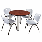 48 IN ROUND BREAKROOM TABLE- CHERRY TOP, CHROME LEGS, 4 M STACK CHAIRS- GREY <FONT COLOR=GREEN>-FREE SHIPPING-</FONT>