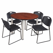 48 IN ROUND BREAKROOM TABLE- CHERRY TOP, CHROME LEGS, 4 STACK CHAIRS- BLACK <FONT COLOR=GREEN>-FREE SHIPPING-</FONT>
