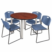 48 IN ROUND BREAKROOM TABLE- CHERRY TOP, CHROME LEGS, 4 STACK CHAIRS- BLUE <FONT COLOR=GREEN>-FREE SHIPPING-</FONT>