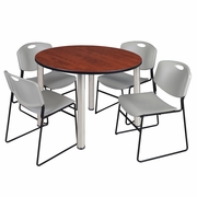 48 IN ROUND BREAKROOM TABLE- CHERRY TOP, CHROME LEGS, 4 STACK CHAIRS- GREY <FONT COLOR=GREEN>-FREE SHIPPING-</FONT>