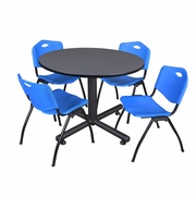 48 IN. ROUND BREAKROOM TABLE- GREY, 4 M STACK CHAIRS- BLUE <FONT COLOR=GREEN>-FREE SHIPPING-</FONT>
