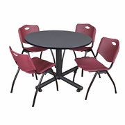 48 IN. ROUND BREAKROOM TABLE- GREY, 4 M STACK CHAIRS- BURGUNDY <FONT COLOR=GREEN>-FREE SHIPPING-</FONT>