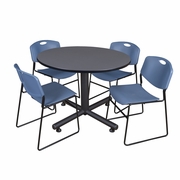 48 IN. ROUND BREAKROOM TABLE- GREY, 4 STACK CHAIRS- BLUE <FONT COLOR=GREEN>-FREE SHIPPING-</FONT>