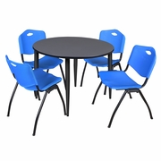 48 IN. ROUND BREAKROOM TABLE- GREY TOP, BLACK BASE & 4 M STACK CHAIRS- BLUE <FONT COLOR=GREEN>-FREE SHIPPING-</FONT>