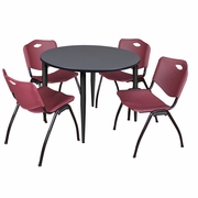 48 IN. ROUND BREAKROOM TABLE- GREY TOP, BLACK BASE & 4 M STACK CHAIRS- BURGUNDY <FONT COLOR=GREEN>-FREE SHIPPING-</FONT>