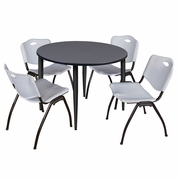 48 IN. ROUND BREAKROOM TABLE- GREY TOP, BLACK BASE & 4 M STACK CHAIRS- GREY <FONT COLOR=GREEN>-FREE SHIPPING-</FONT>