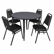 48 IN. ROUND BREAKROOM TABLE- GREY TOP, BLACK BASE & 4 RESTAURANT STACK CHAIRS- BLACK <FONT COLOR=GREEN>-FREE SHIPPING-</FONT>