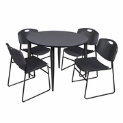 48 IN. ROUND BREAKROOM TABLE- GREY TOP, BLACK BASE & 4 STACK CHAIRS- BLACK <FONT COLOR=GREEN>-FREE SHIPPING-</FONT>